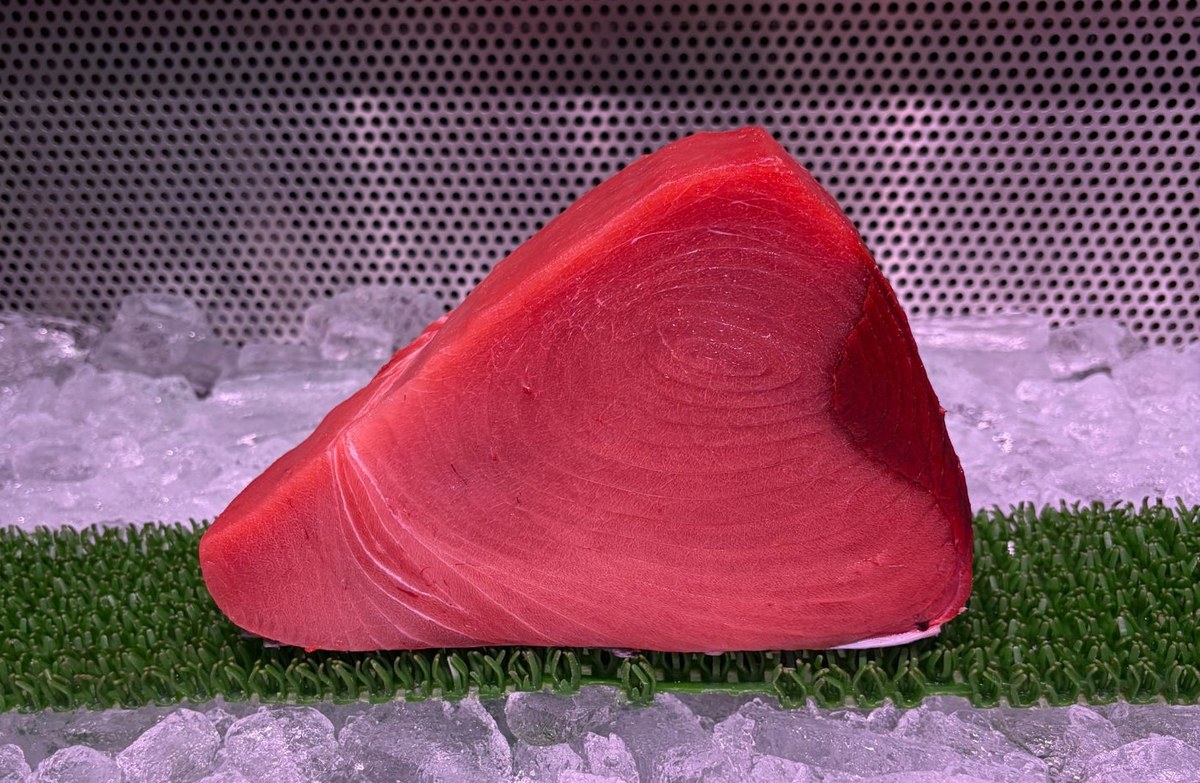 店頭の氷の上に置いたキハダマグロのブロック